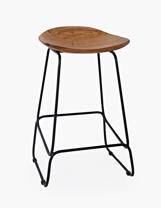 three quarter view of backless wood stool with metal bars and legs