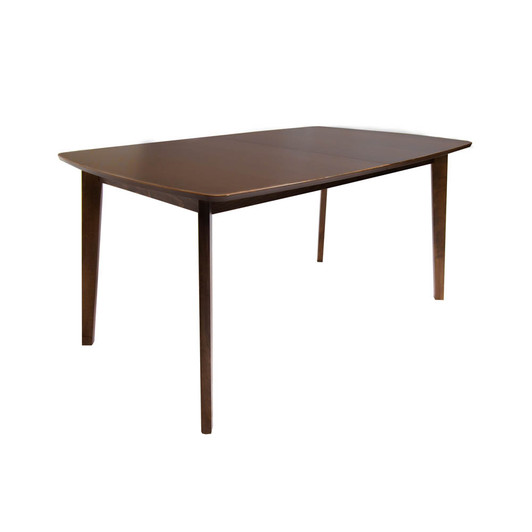 three quarters side view of dining table in wood veneer.