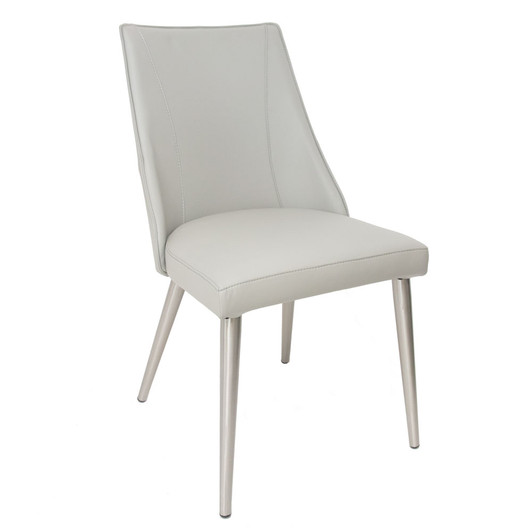 light grey leather upholstered chair, with silver toned legs