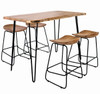 natural wood counter table with iron legs. Four stools also with iron legs
