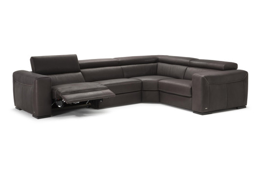 L-shaped five piece sectional sofa with 3 reclining functions with leather upholstering.