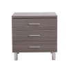 grey bedroom nightstand with three drawers and steel accents