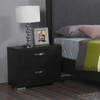 dark wood two drawer nightstand with silver toned handles
