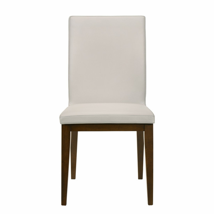 modern, minimalist side chair with with light gray leather covering and dark brown wood legs.