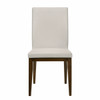 modern, minimalist side chair with with light gray leather covering and dark brown wood legs.
