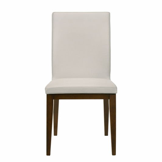 modern, minimalist side chair with with light gray leather covering and dark brown wood legs.