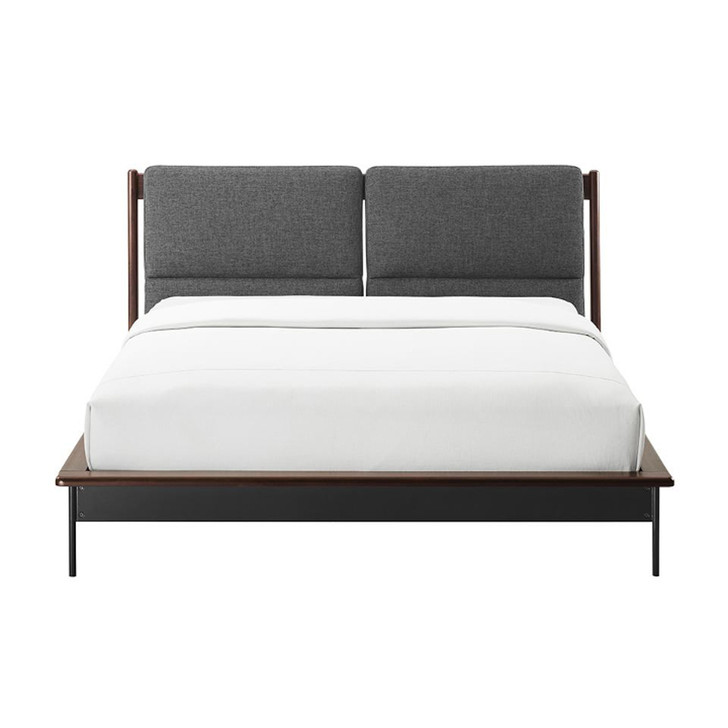 front view of a dark wood bed, with steel legs and a grey fabric headboard
