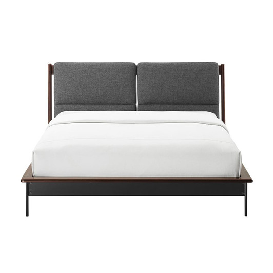 front view of a dark wood bed, with steel legs and a grey fabric headboard