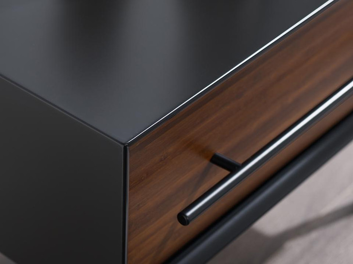 close-up of drawer and steel handle from three-quarters view