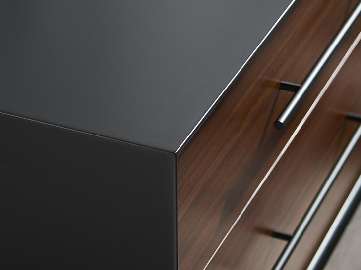 close up of the top dark steel of the dresser.