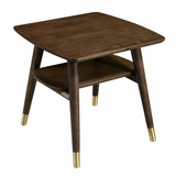 dark wood end table with bi-level design with gold-tone accents on the bottom