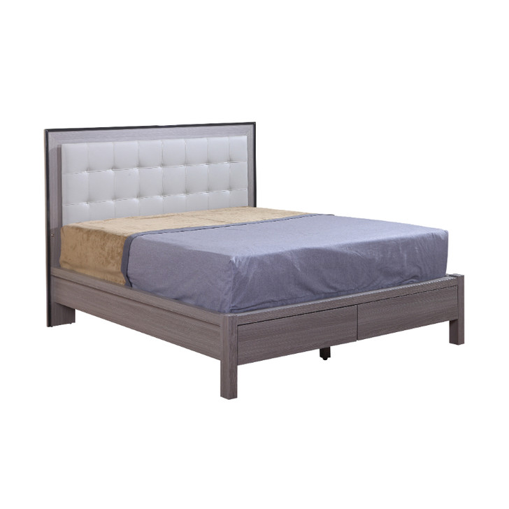 light grey storage bed with white upholstered headboard