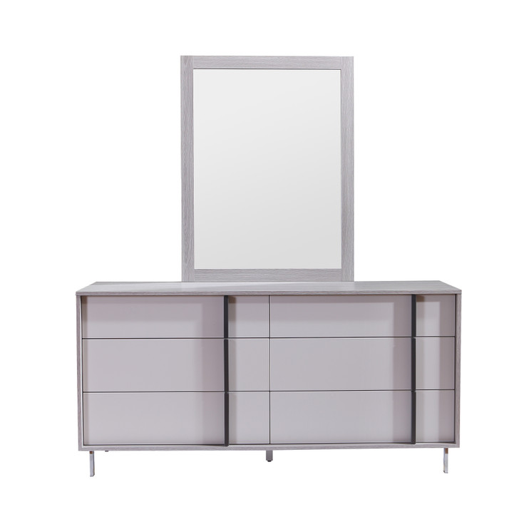 light gray double dresser with off-center handle. This dresser has six drawers and silver-toned legs.