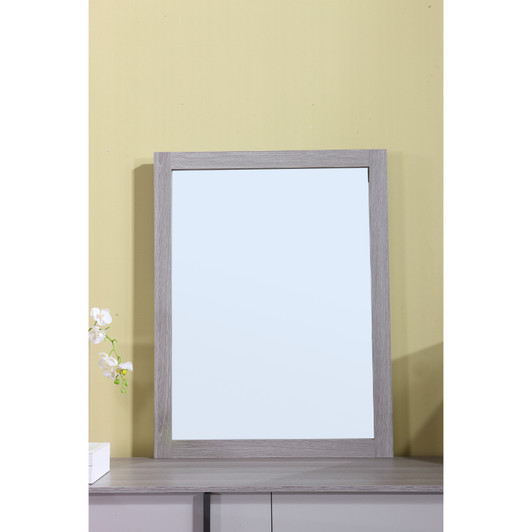 light grey mirror on dresser