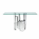 console table with geometric silver toned metal base and glass top