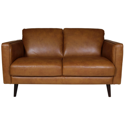 brown leather loveseat with dark colored legs